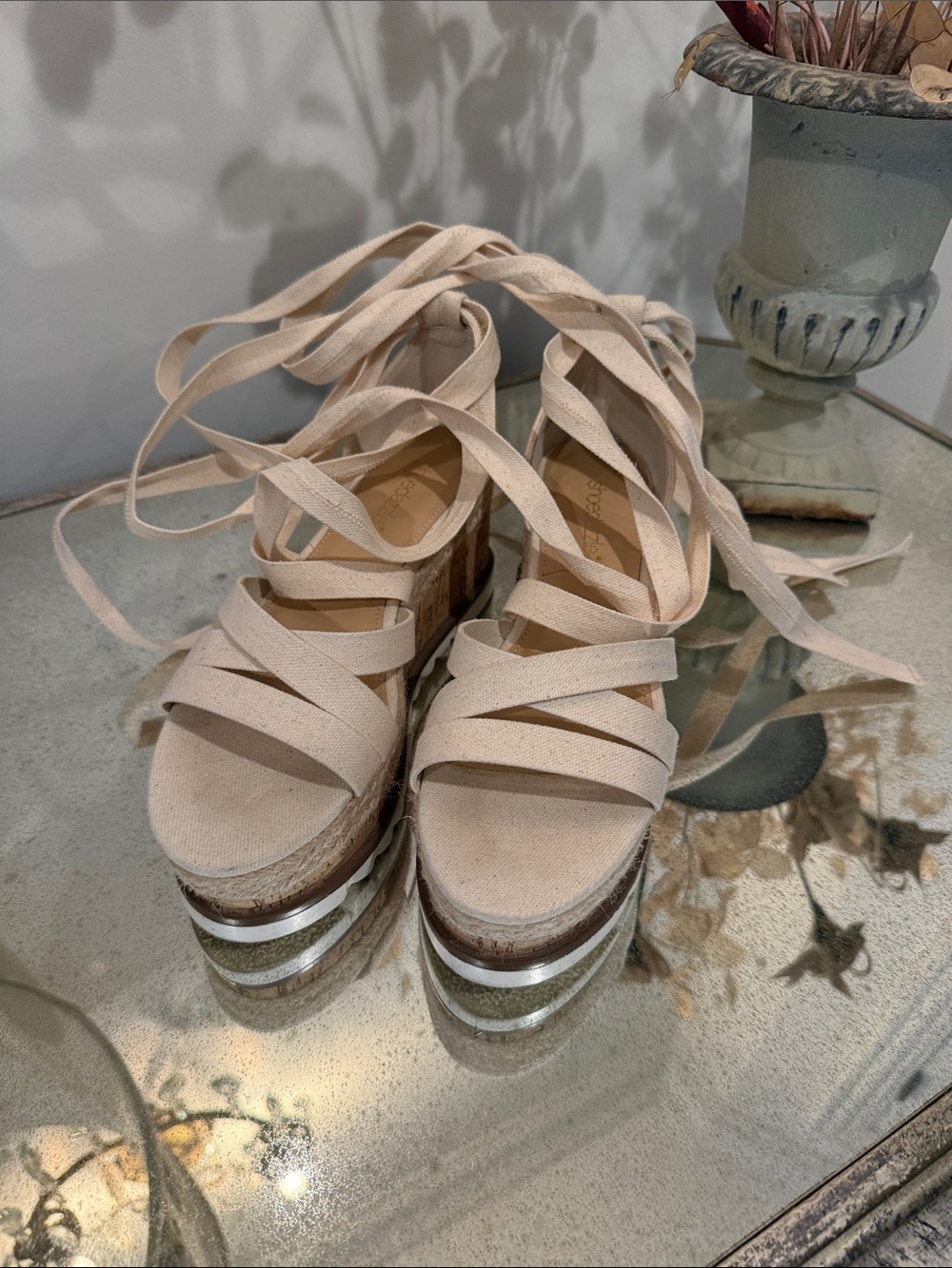 Shoe Dazzle Beige Canvas Lace-Up Espadrille Platforms